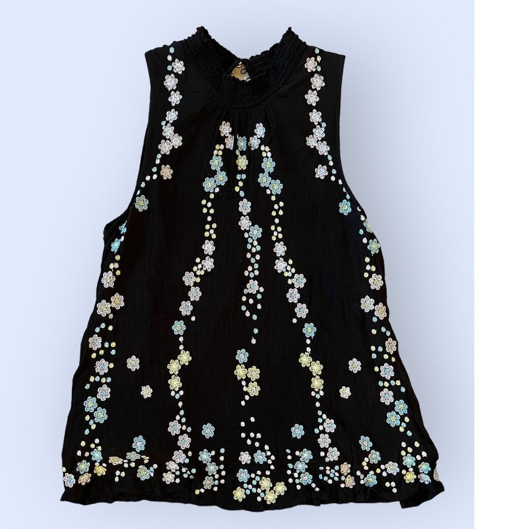 KAARI Sleeveless Cottagecore Whimsgoth Indie Black Blouse Embroidery sz L NEW